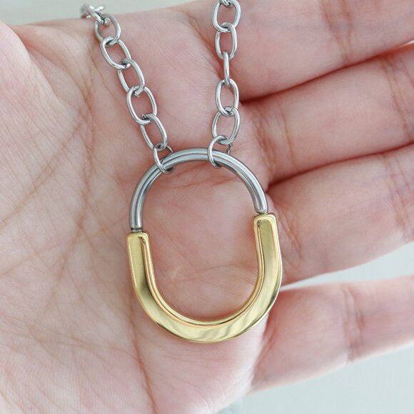 2-Tone Lock Style Design Pendant Necklace Stainless Steel - Picture 3 of 4